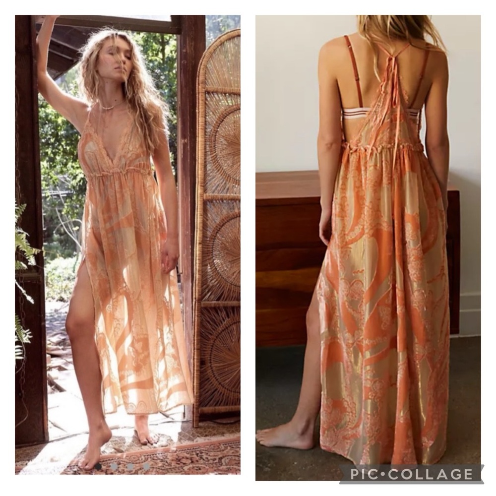 Free People Bali Butterfly sheer boho slit slip dress size extra large